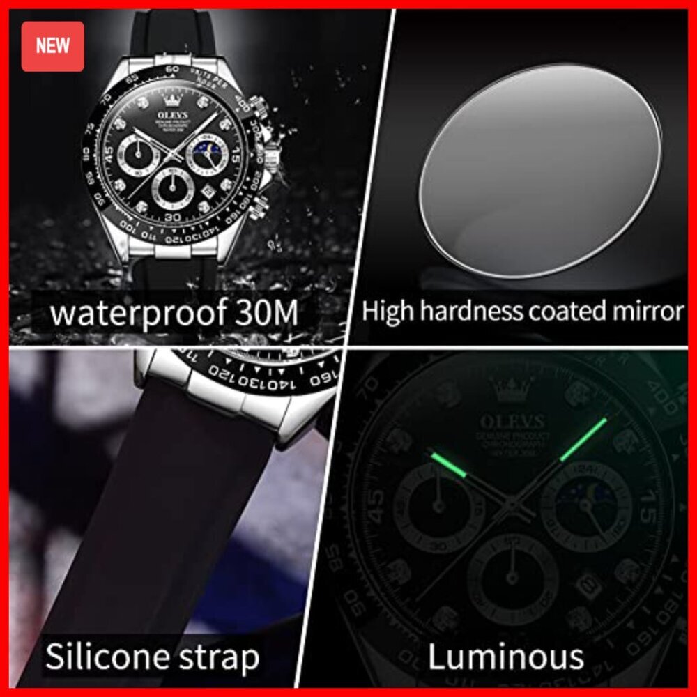 Men's Diamond Chronograph Watch, Moon Phase, Waterproof, Silicone Strap View 4